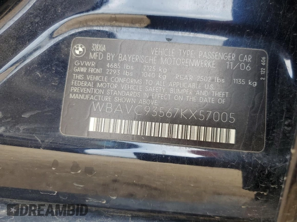 2007 BMW 3 Series 328xi with VIN WBAVC93567KX57005, listed as a Copart auction lot 55769865 with Not provided miles and Non repairable. Bid and sale history available at DreamBid. Image 12.