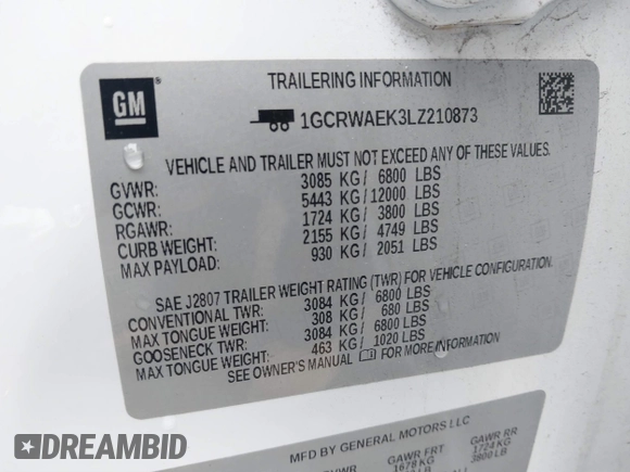 2020 Chevrolet Silverado 1500 with VIN 1GCRWAEK3LZ210873, listed as a IAAI auction lot 41533740 with 142,542 mi miles and . Bid and sale history available at DreamBid. Image 9.