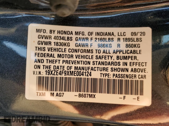 2021 Honda Insight Touring with VIN 19XZE4F9XME004124, listed as a Copart auction lot 86884804 with 78,938 mi miles and Salvage Title. Bid and sale history available at carsss.com. Image 12.