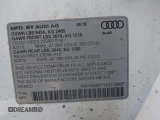 2019 Audi Q5 Premium with VIN WA1ANAFY1K2112607, listed as a IAAI auction lot 41482680 with 58,000 mi miles. Bid and sale history available at carsss.com. Image 9.