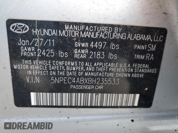 2011 Hyundai Sonata Limited with VIN 5NPEC4ABXBH235533, listed as a Copart auction lot 81353004 with 185,391 mi miles and Clean Title. Bid and sale history available at DreamBid. Image 12.