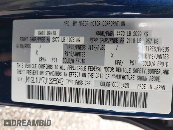 2018 Mazda Mazda6 Sport with VIN JM1GL1UM7J1326043, listed as a IAAI auction lot 41791850 with 193,512 mi miles. Bid and sale history available at carsss.com. Image 9.