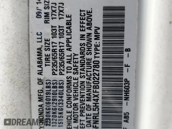 2015 Honda Odyssey EX with VIN 5FNRL5H4XFB022780, listed as a Copart auction lot 54724545 with Not Provided miles and Salvage Title. Bid and sale history available at DreamBid. Image 13.