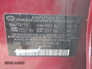 2016 Hyundai Sonata SE z VIN 5NPE24AF1GH349434, wystawiony jako IAAI lot #42555667 z przebiegiem 178 592 mil mil oraz . Historia ofert i sprzedaży dostępna na DreamBid. Obrazek 9.