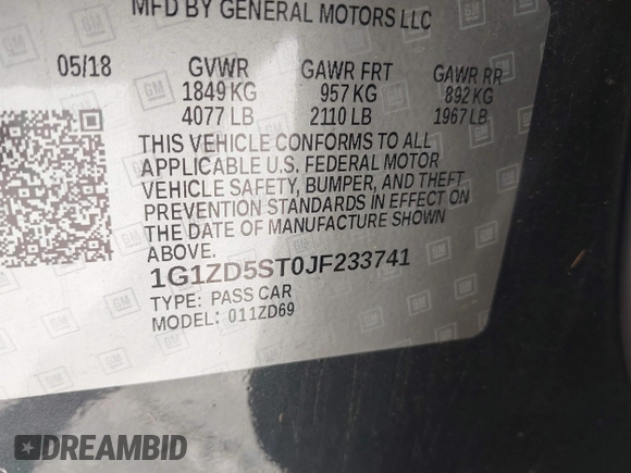 2018 Chevrolet Malibu LT with VIN 1G1ZD5ST0JF233741, listed as a IAAI auction lot 41996713 with 119,129 mi miles and . Bid and sale history available at DreamBid. Image 9.