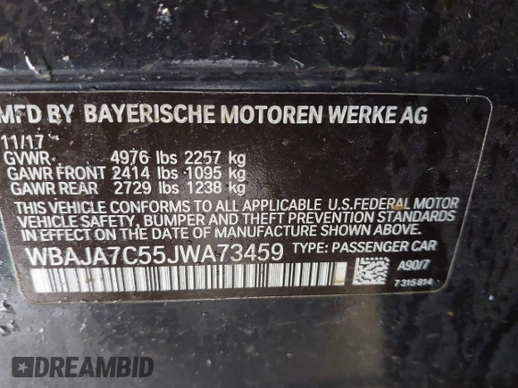 2018 BMW 5 Series 530i xDrive with VIN WBAJA7C55JWA73459, listed as a IAAI auction lot 41634921 with 64,759 mi miles and . Bid and sale history available at DreamBid. Image 9.