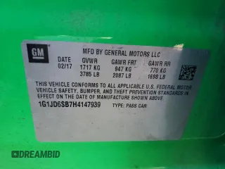 2017 Chevrolet Sonic LT with VIN 1G1JD6SB7H4147939, listed as a Copart auction lot 49696595 with 54,585 mi miles and Salvage Title. Bid and sale history available at carsss.com. Image 12.