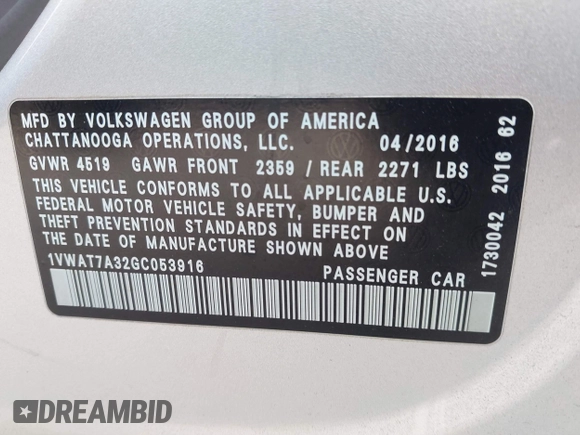 2016 Volkswagen Passat S with VIN 1VWAT7A32GC053916, listed as a IAAI auction lot 42288513 with 145,882 mi miles and . Bid and sale history available at DreamBid. Image 9.