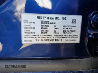 2021 Tesla Model S Long Range with VIN 5YJSA1E56MF428419, listed as a Copart auction lot 80341534 with 22,488 mi miles and Salvage title. Bid and sale history available at DreamBid. Image 12.