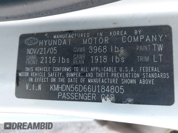 2006 Hyundai Elantra GLS z VIN KMHDN56D66U184805, wystawiony jako IAAI lot #41789615 z przebiegiem 190 140 mil mil oraz . Historia ofert i sprzedaży dostępna na DreamBid. Obrazek 9.