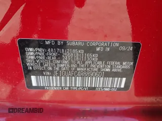 2024 Subaru Impreza Sport with VIN JF1GUAFC4R8890601, listed as a IAAI auction lot 41893643 with 1,372 mi miles. Bid and sale history available at carsss.com. Image 9.
