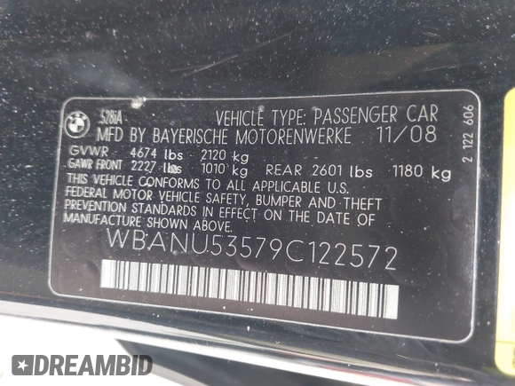 2009 BMW 5 Series 528i with VIN WBANU53579C122572, listed as a IAAI auction lot 42069912 with 142,754 mi miles and . Bid and sale history available at carsss.com. Image 9.