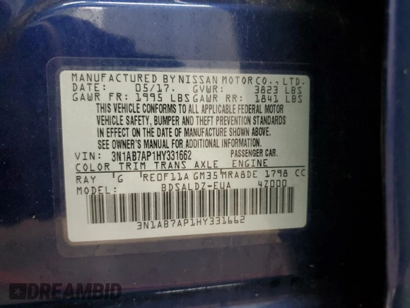 2017 Nissan Sentra SR with VIN 3N1AB7AP1HY331662, listed as a Copart auction lot 51654265 with 67,752 mi miles and Salvage Title. Bid and sale history available at DreamBid. Image 12.