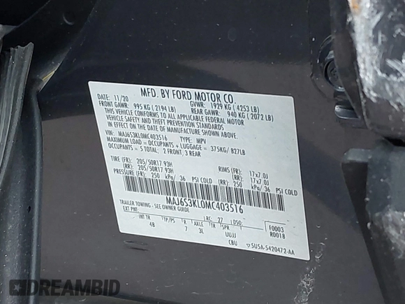 2021 Ford EcoSport Titanium z VIN MAJ6S3KL0MC403516, wystawiony jako IAAI lot #40961351 z przebiegiem 42 158 mil mil oraz . Historia ofert i sprzedaży dostępna na DreamBid. Obrazek 9.