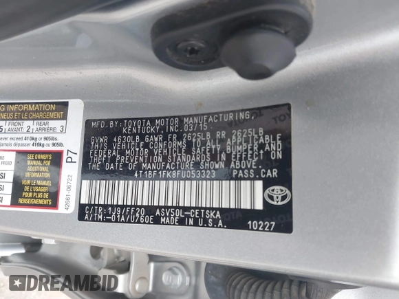 2015 Toyota Camry XLE with VIN 4T1BF1FK8FU053323, listed as a IAAI auction lot 41797634 with 78,161 mi miles. Bid and sale history available at carsss.com. Image 9.