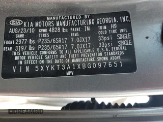 2011 Kia Sorento LX with VIN 5XYKT3A1XBG097651, listed as a Copart auction lot 47799775 with 136,918 mi miles and Salvage Title. Bid and sale history available at carsss.com. Image 15.