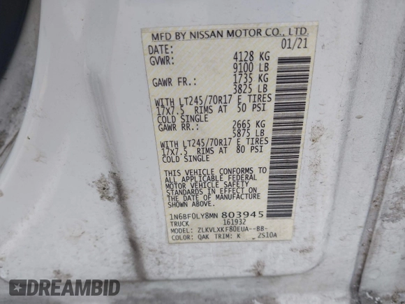 2021 Nissan NV Cargo SV z VIN 1N6BF0LY8MN803945, wystawiony jako IAAI lot #41459255 z przebiegiem 70 324 mil mil oraz . Historia ofert i sprzedaży dostępna na DreamBid. Obrazek 9.