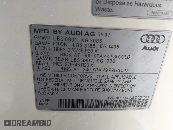 2008 Audi Q7 Premium with VIN WA1BY74LX8D001511, listed as a IAAI auction lot 42561490 with 103,264 mi miles and . Bid and sale history available at DreamBid. Image 9.