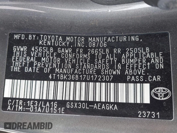 2007 Toyota Avalon XL z VIN 4T1BK36B17U172307, wystawiony jako IAAI lot #42199032 z przebiegiem 169 660 mil mil oraz . Historia ofert i sprzedaży dostępna na DreamBid. Obrazek 9.