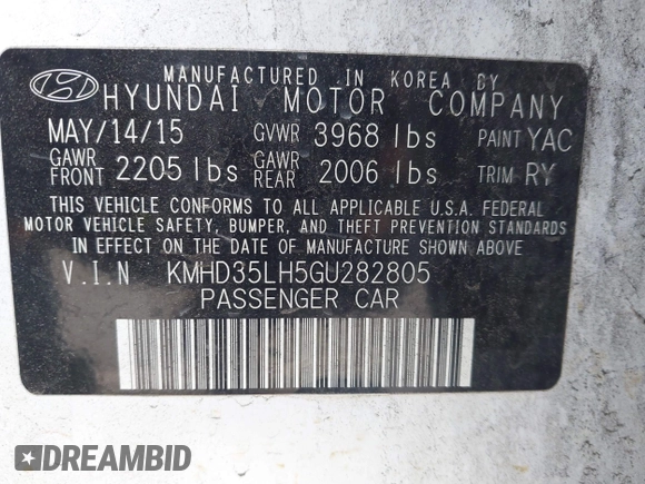 2016 Hyundai Elantra with VIN KMHD35LH5GU282805, listed as a IAAI auction lot 42461015 with 81,241 mi miles and . Bid and sale history available at DreamBid. Image 9.