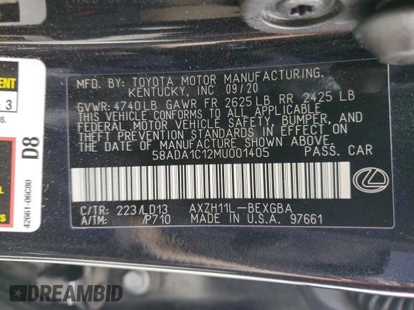 2021 Lexus ES 300h z VIN 58ADA1C12MU001405, wystawiony jako Copart lot #42823495 z przebiegiem 62 108 mil mil oraz Szkoda całkowita • Salvage title. Historia ofert i sprzedaży dostępna na DreamBid. Obrazek 13.