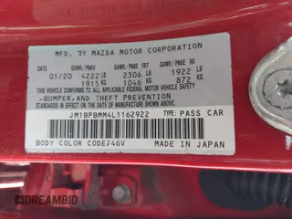 2020 Mazda 3 Preferred with VIN JM1BPBMM4L1162922, listed as a IAAI auction lot 41883214 with Not Provided miles and . Bid and sale history available at DreamBid. Image 9.