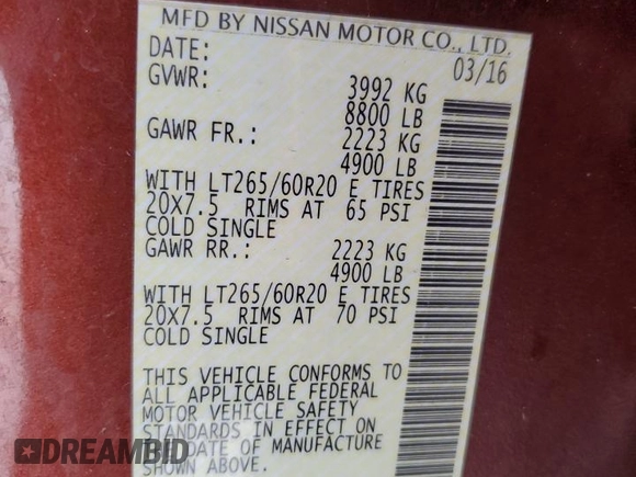 2016 Nissan Titan Platinum Reserve z VIN 1N6BA1F28GN506397, wystawiony jako Copart lot #53831235 z przebiegiem 258 474 mil mil oraz Nie do naprawy • Non repairable. Historia ofert i sprzedaży dostępna na DreamBid. Obrazek 12.