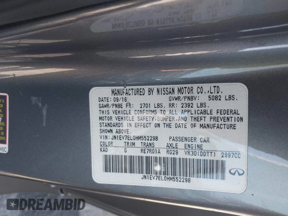 2017 Infiniti Q60 Sport with VIN JN1EV7EL0HM552298, listed as a IAAI auction lot 41834710 with 73,279 mi miles. Bid and sale history available at carsss.com. Image 9.