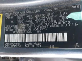 2013 Toyota Highlander with VIN 5TDBK3EH5DS186463, listed as a IAAI auction lot 41754744 with 251,850 mi miles. Bid and sale history available at carsss.com. Image 9.