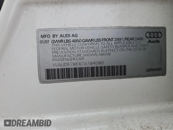 2007 Audi A4 2.0T with VIN WAUDF78E67A184080, listed as a Copart auction lot 47396885 with 195,545 mi miles and Salvage Title. Bid and sale history available at carsss.com. Image 14.