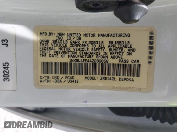 2010 Toyota Corolla with VIN 1NXBU4EE4AZ280858, listed as a IAAI auction lot 42350535 with 228,178 mi miles and . Bid and sale history available at DreamBid. Image 9.