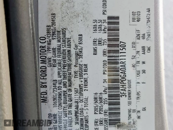2010 Ford Fusion S with VIN 3FAHP0GA0AR111507, listed as a Copart auction lot 53186295 with 128,167 mi miles and Salvage Title. Bid and sale history available at carsss.com. Image 12.