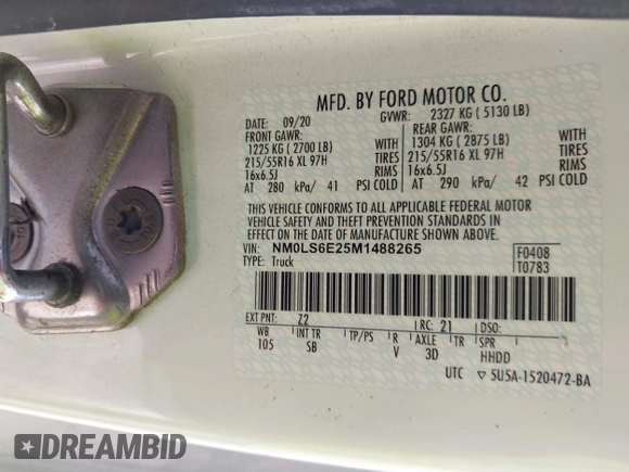 2021 Ford Transit Connect XL with VIN NM0LS6E25M1488265, listed as a IAAI auction lot 40655182 with 21,583 mi miles and . Bid and sale history available at DreamBid. Image 9.