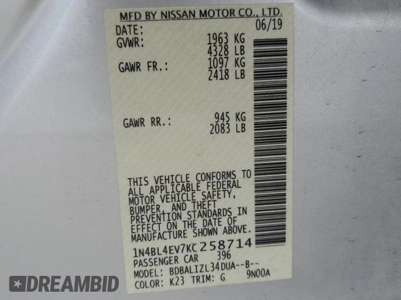 2019 Nissan Altima SL with VIN 1N4BL4EV7KC258714, listed as a Copart auction lot 51266935 with 44,184 mi miles and Salvage Title. Bid and sale history available at DreamBid. Image 13.