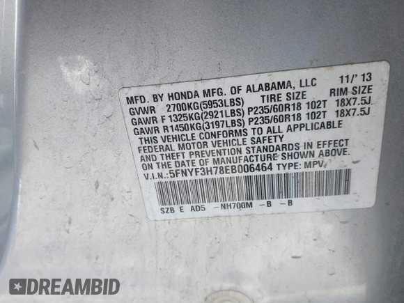 2014 Honda Pilot EX-L with VIN 5FNYF3H78EB006464, listed as a IAAI auction lot 41321137 with 198,496 mi miles and . Bid and sale history available at DreamBid. Image 9.