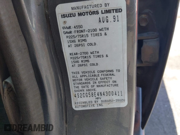 1992 Isuzu Rodeo с VIN 4S2CG58E4N4300411, выставлен на аукционе IAAI как лот 42593697 с пробегом 158 963 миль миль и . История ставок и продаж доступна на DreamBid. Изображение 9.