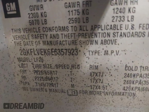 2014 GMC Terrain SLE with VIN 2GKFLVEK6E6357923, listed as a IAAI auction lot 42623987 with 93,204 mi miles and . Bid and sale history available at DreamBid. Image 9.