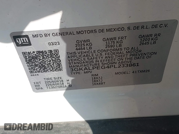 2023 GMC Terrain SLT with VIN 3GKALPEG4PL233861, listed as a IAAI auction lot 42687573 with 55,987 mi miles and . Bid and sale history available at DreamBid. Image 9.