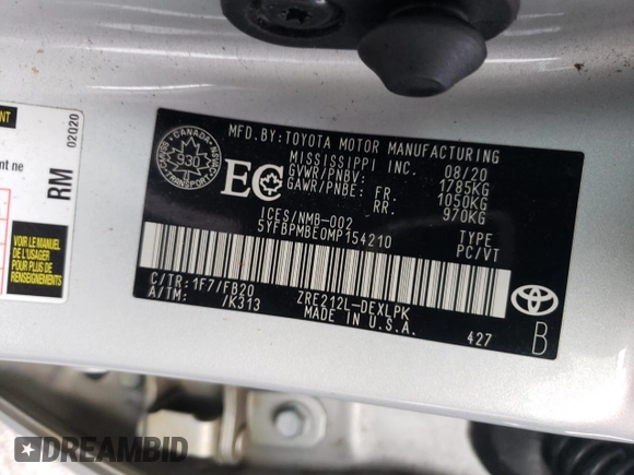 2021 Toyota Corolla L with VIN 5YFBPMBE0MP154210, listed as a Copart auction lot 48255465 with 159,307 mi miles and Salvage Title. Bid and sale history available at carsss.com. Image 12.