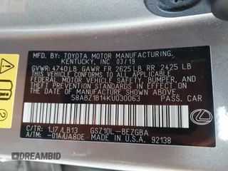 2019 Lexus ES 350 with VIN 58ABZ1B14KU030063, listed as a IAAI auction lot 42152099 with 71,017 mi miles and . Bid and sale history available at DreamBid. Image 9.