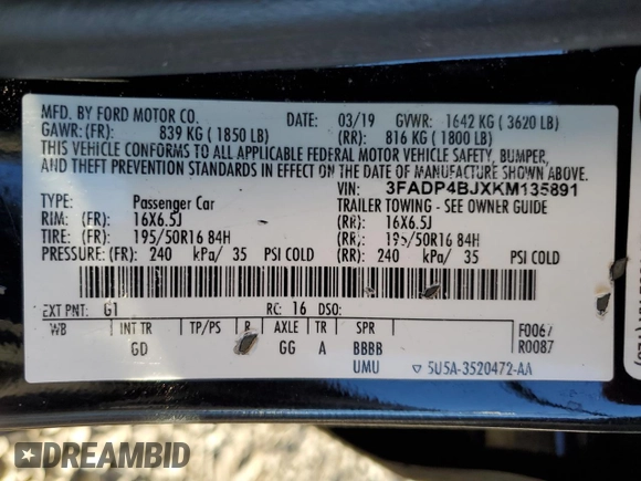 2019 Ford Fiesta SE z VIN 3FADP4BJXKM135891, wystawiony jako Copart lot #47369075 z przebiegiem 127 721 mil mil oraz Szkoda całkowita • Salvage title. Historia ofert i sprzedaży dostępna na DreamBid. Obrazek 14.