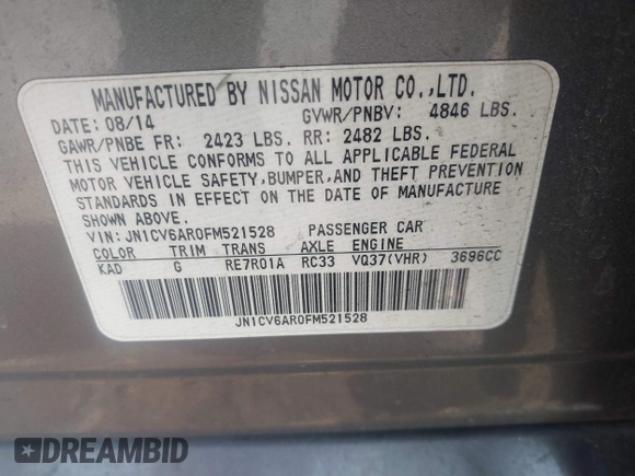 2015 Infiniti Q40 with VIN JN1CV6AR0FM521528, listed as a IAAI auction lot 41794278 with 127,821 mi miles and . Bid and sale history available at DreamBid. Image 9.