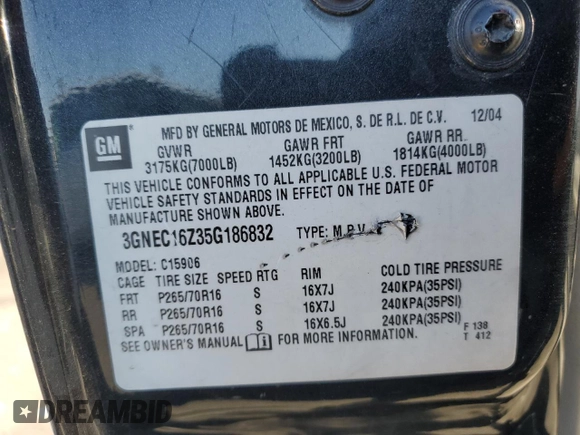 2005 Chevrolet Suburban LS with VIN 3GNEC16Z35G186832, listed as a Copart auction lot 79968144 with 237,942 mi miles and Salvage title. Bid and sale history available at DreamBid. Image 13.