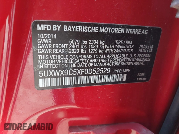 2015 BMW X3 xDrive28i z VIN 5UXWX9C5XF0D52529, wystawiony jako IAAI lot #41538442 z przebiegiem 134 971 mil mil oraz . Historia ofert i sprzedaży dostępna na DreamBid. Obrazek 9.