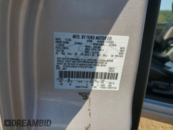 2007 Ford Escape Limited with VIN 1FMCU94117KC07189, listed as a Copart auction lot 70490174 with 0 mi miles and Clean Title. Bid and sale history available at carsss.com. Image 13.