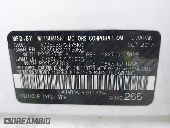 2018 Mitsubishi Outlander SE with VIN JA4AD3A39JZ019334, listed as a IAAI auction lot 41442138 with 154,978 mi miles and . Bid and sale history available at DreamBid. Image 9.