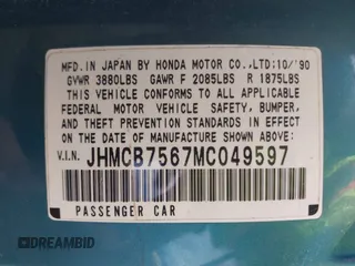 1991 Honda Accord EX with VIN JHMCB7567MC049597, listed as a IAAI auction lot 41996756 with 295,925 mi miles. Bid and sale history available at carsss.com. Image 9.