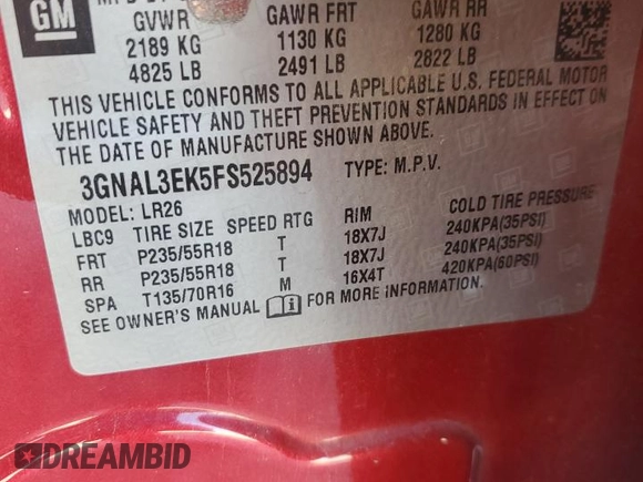 2015 Chevrolet Captiva Sport LT with VIN 3GNAL3EK5FS525894, listed as a Copart auction lot 80333694 with 70,032 mi miles and Salvage Title. Bid and sale history available at DreamBid. Image 13.