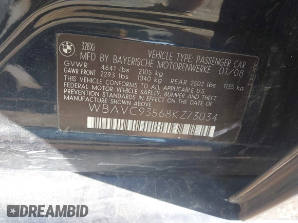 2008 BMW 3 Series 328xi with VIN WBAVC93568KZ73034, listed as a IAAI auction lot 42125812 with 219,019 mi miles and . Bid and sale history available at carsss.com. Image 9.