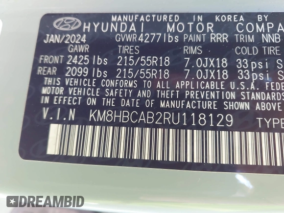 2024 Hyundai Kona SEL with VIN KM8HBCAB2RU118129, listed as a IAAI auction lot 41751534 with 7,468 mi miles. Bid and sale history available at carsss.com. Image 9.